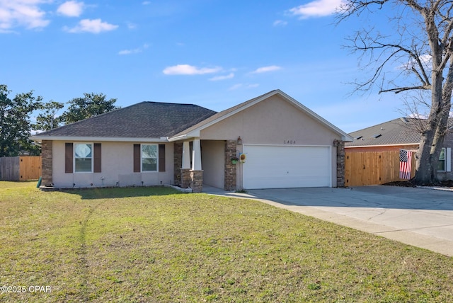 ranch-style house with an attached garage, fence, concrete driveway, stucco siding, and a front yard