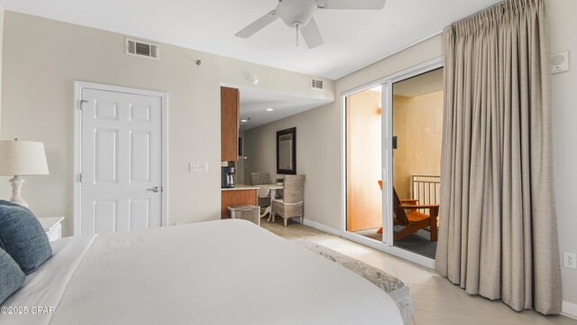 bedroom featuring access to exterior, a ceiling fan, visible vents, and light tile patterned floors