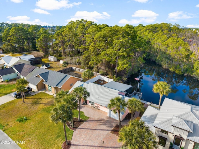 drone / aerial view with a water view