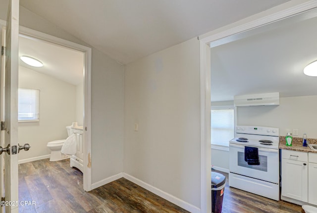 kitchen with electric range, dark wood-style flooring, vaulted ceiling, under cabinet range hood, and white cabinetry