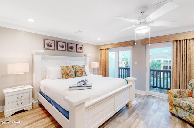 bedroom with baseboards, recessed lighting, light wood-style flooring, and access to exterior