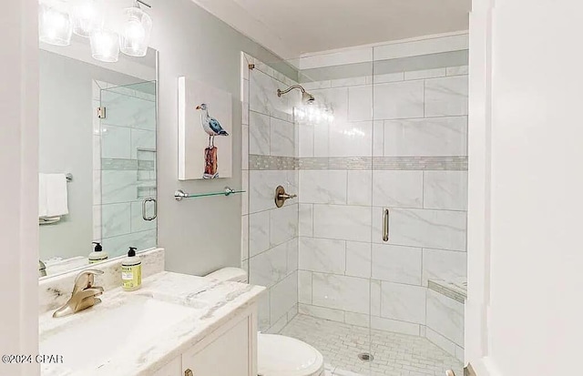 full bathroom with toilet, a stall shower, and vanity