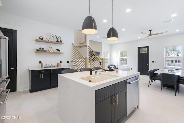 21403 Sunset Ave, Panama City Beach, FL 32413 - kitchen with a sink, stainless steel dishwasher, pendant lighting, recessed lighting, and ceiling fan