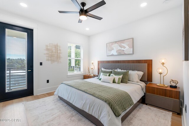 21403 Sunset Ave, Panama City Beach, FL 32413 - bedroom with access to outside, wood finished floors, recessed lighting, baseboards, and ceiling fan