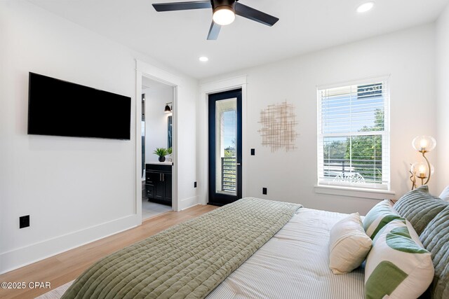 21403 Sunset Ave, Panama City Beach, FL 32413 - bedroom featuring light wood finished floors, recessed lighting, access to outside, ensuite bathroom, and baseboards