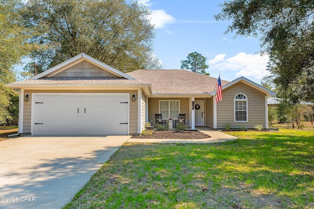 ranch-style home with a porch, a garage, concrete driveway, roof with shingles, and a front yard