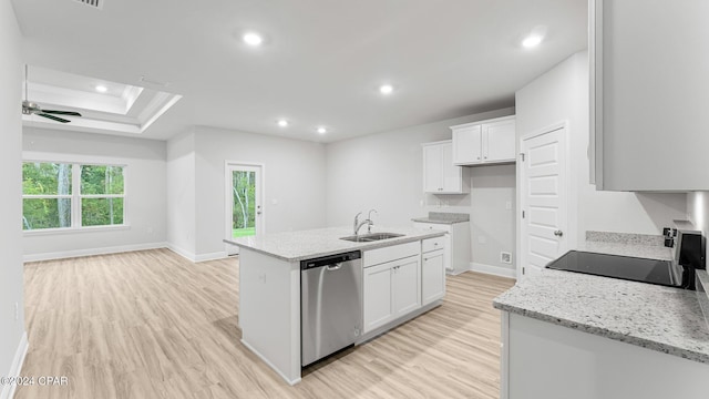 kitchen featuring a sink, light wood-style floors, stove, and stainless steel dishwasher