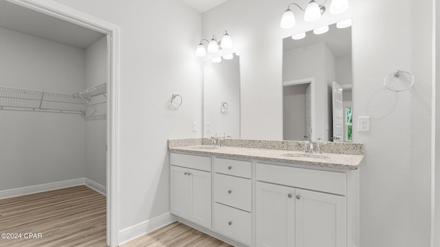 bathroom with wood finished floors, a sink, baseboards, double vanity, and a walk in closet