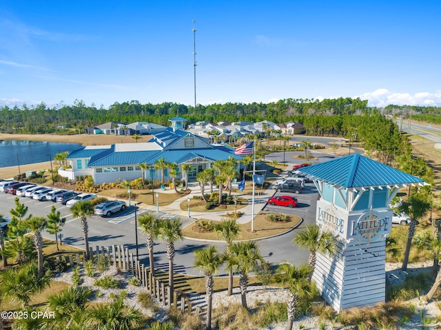 aerial view featuring a water view