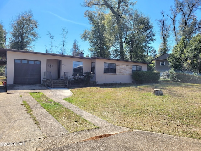 ranch-style house featuring an attached garage, driveway, stucco siding, a front lawn, and a chimney