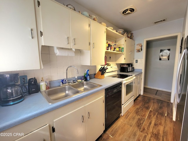 kitchen featuring visible vents, dishwasher, dark wood-style flooring, white electric range, and a sink