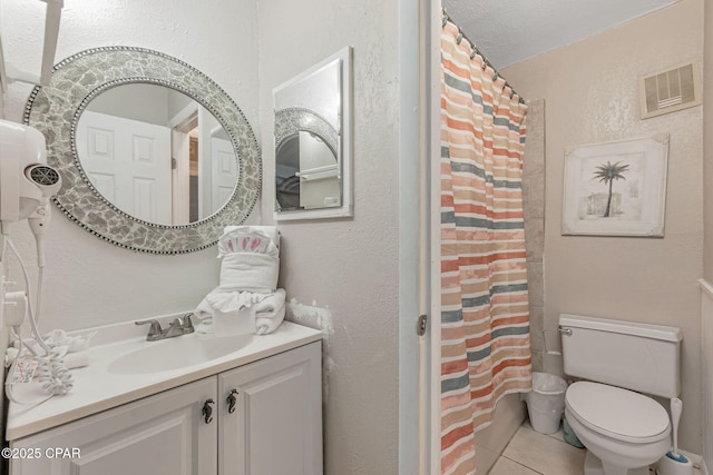 full bath with visible vents, toilet, tile patterned floors, curtained shower, and vanity