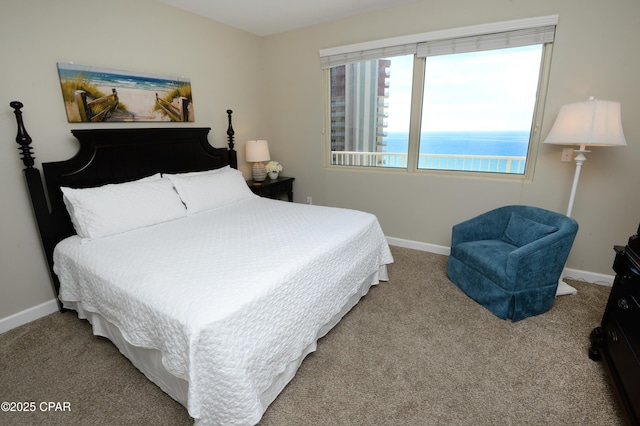 carpeted bedroom with a water view and baseboards