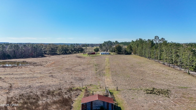 bird's eye view with a water view, a view of trees, and a rural view