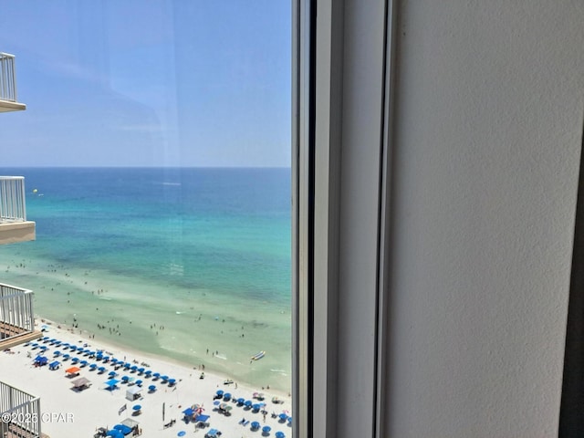 view of water feature with a beach view