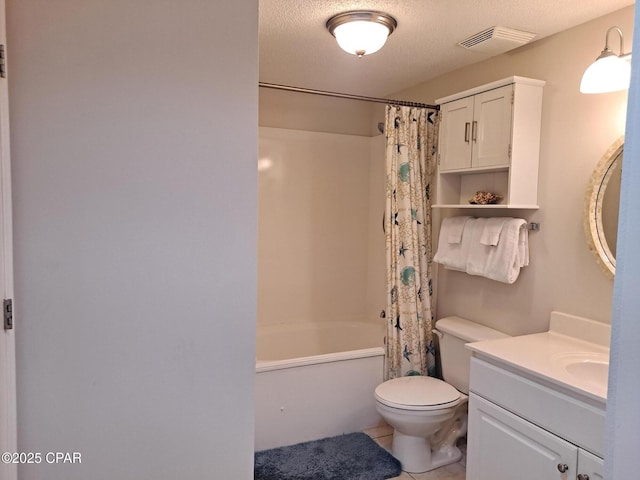 bathroom featuring visible vents, shower / bathtub combination with curtain, toilet, a textured ceiling, and vanity