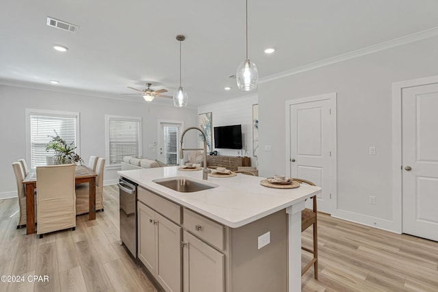 kitchen featuring a sink, visible vents, open floor plan, ornamental molding, and stainless steel dishwasher