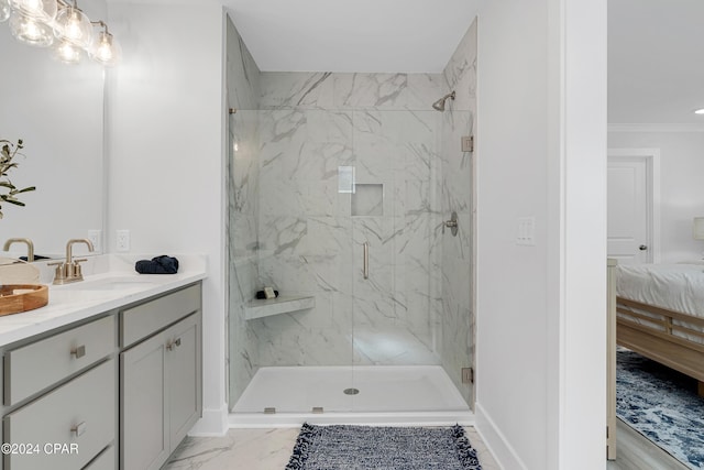 ensuite bathroom featuring ornamental molding, marble finish floor, a marble finish shower, and ensuite bathroom