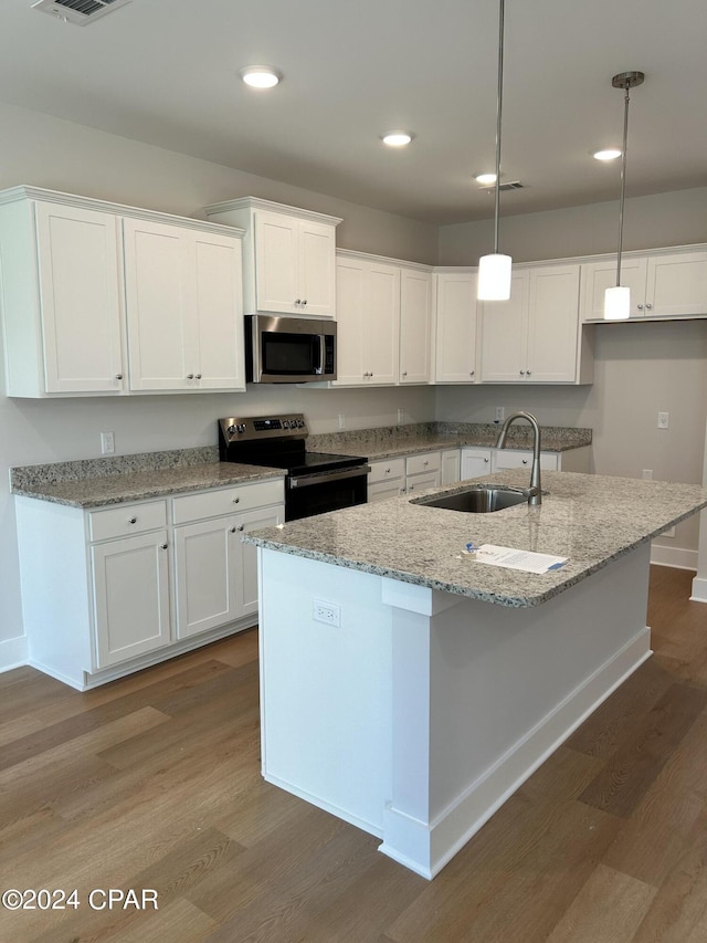 kitchen featuring white cabinets, stainless steel appliances, a sink, and wood finished floors