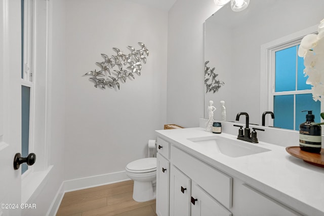 half bath featuring toilet, baseboards, wood finished floors, and vanity