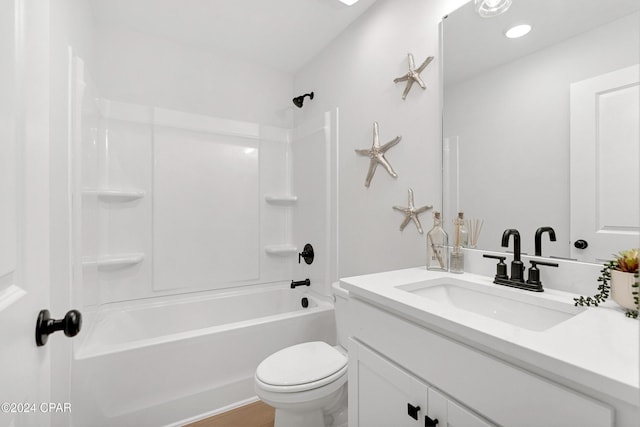 bathroom with recessed lighting, vanity, toilet, and shower / bathtub combination