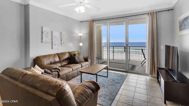 living area with ceiling fan and light marble finish floors