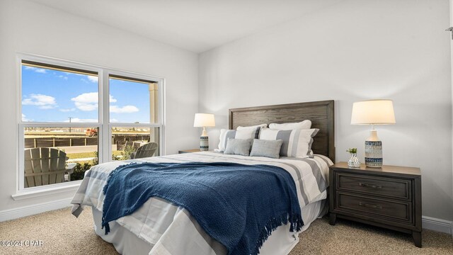 bedroom featuring baseboards and light colored carpet