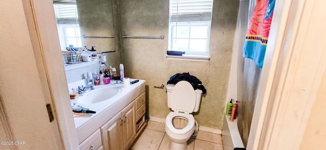 full bath with toilet, vanity, a shower with shower curtain, and tile patterned flooring