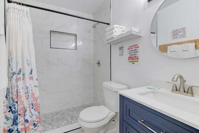 full bathroom with vanity, a tile shower, and toilet