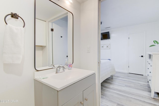 bathroom with wood finished floors and vanity