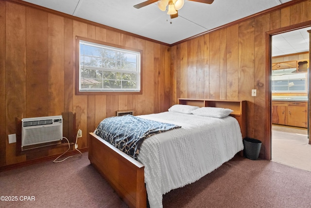 carpeted bedroom with wooden walls, a ceiling fan, and a wall mounted air conditioner