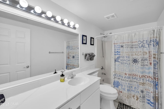 full bathroom with toilet, shower / tub combo, visible vents, and vanity