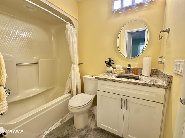 full bath featuring shower / bath combo with shower curtain, toilet, and vanity