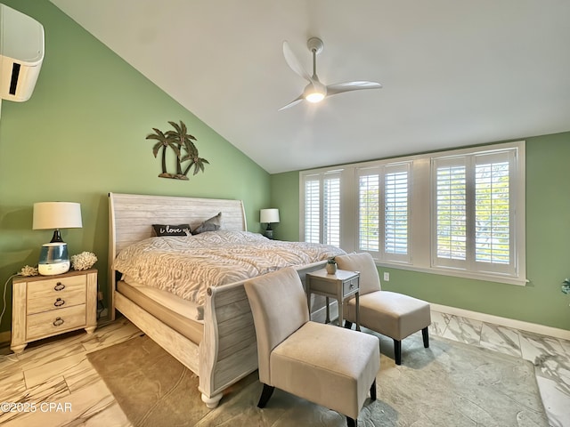 bedroom with baseboards, ceiling fan, an AC wall unit, lofted ceiling, and marble finish floor