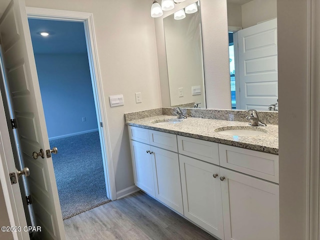 bathroom with wood finished floors, a sink, baseboards, and double vanity