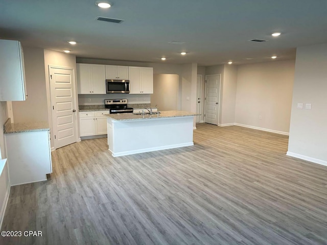 kitchen featuring white cabinetry, light wood finished floors, visible vents, and appliances with stainless steel finishes