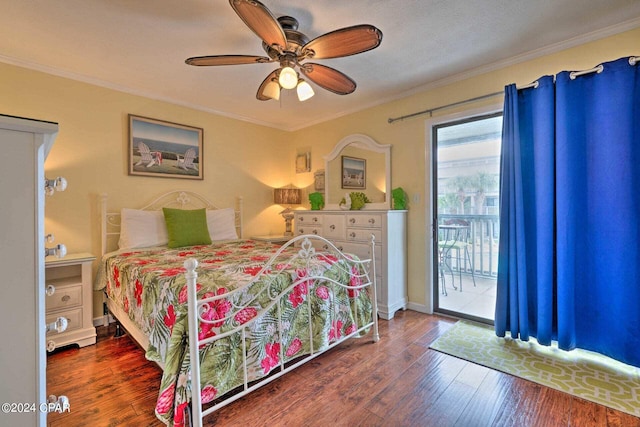 bedroom featuring access to outside, crown molding, and wood finished floors