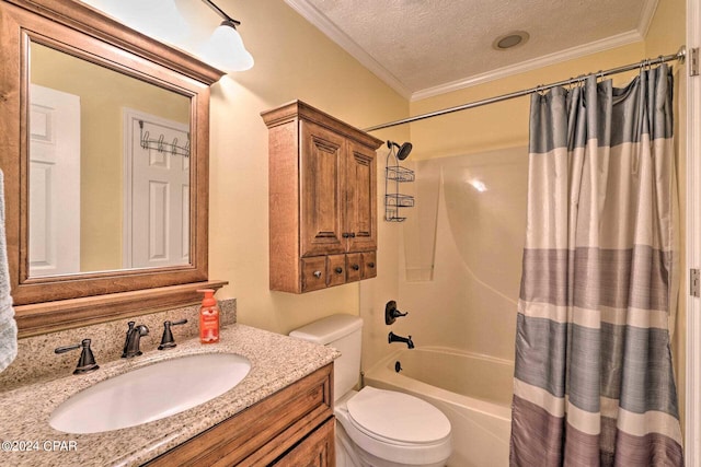 full bathroom with shower / tub combo, toilet, ornamental molding, a textured ceiling, and vanity