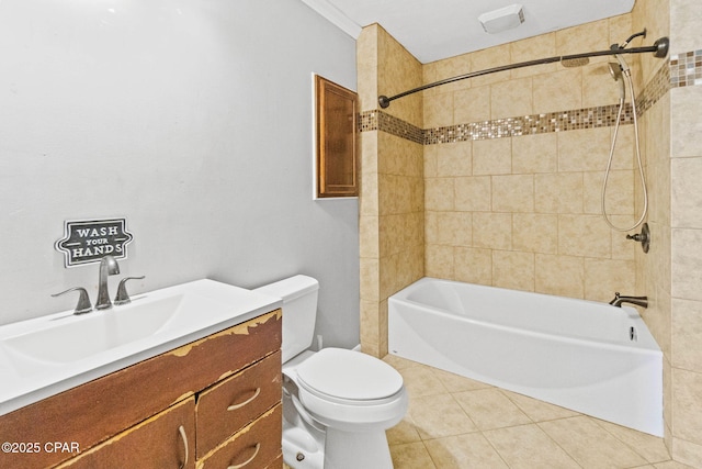 full bathroom with toilet, vanity,  shower combination, and tile patterned floors