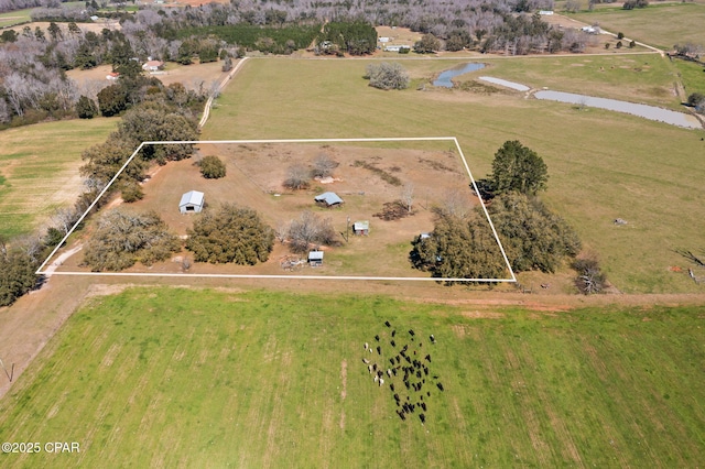 bird's eye view with a rural view and a water view