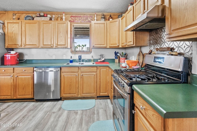 kitchen featuring under cabinet range hood, light wood-type flooring, appliances with stainless steel finishes, a textured ceiling, and a sink