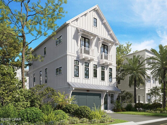 modern inspired farmhouse with a garage, a balcony, metal roof, a standing seam roof, and board and batten siding