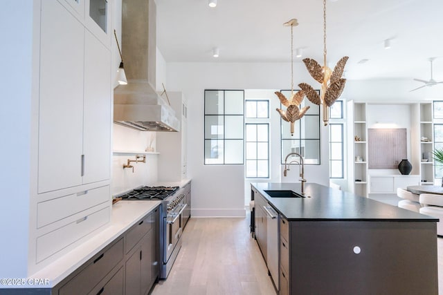 kitchen featuring light wood finished floors, appliances with stainless steel finishes, a kitchen island with sink, a sink, and wall chimney exhaust hood