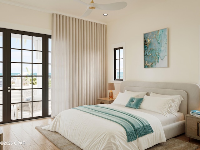 bedroom featuring recessed lighting, wood finished floors, access to exterior, and ceiling fan