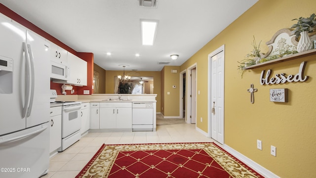 kitchen with visible vents, a peninsula, white appliances, white cabinetry, and a sink