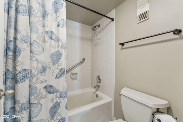 full bath featuring visible vents, toilet, and shower / bath combo