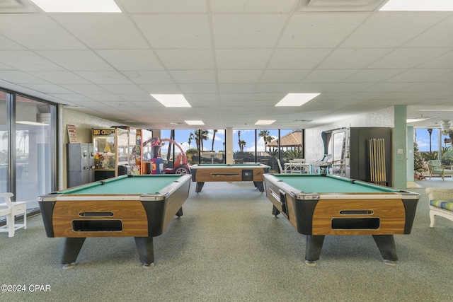 game room featuring billiards and a paneled ceiling