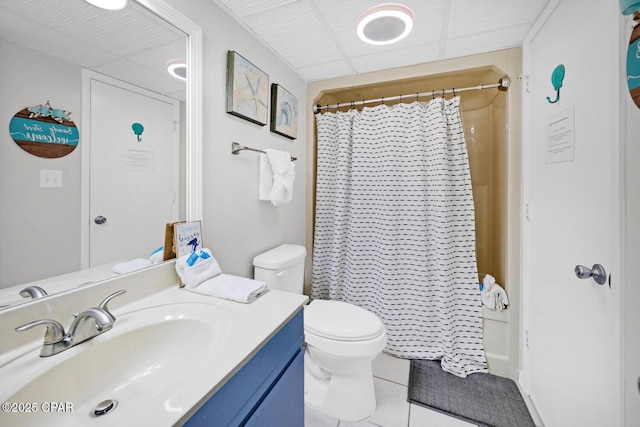 520 Richard Jackson Blvd Unit 3308, Panama City Beach, FL 32407 - full bath with toilet, a shower with curtain, tile patterned floors, vanity, and a paneled ceiling