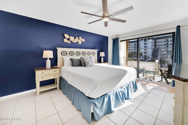 520 Richard Jackson Blvd Unit 3308, Panama City Beach, FL 32407 - bedroom with a ceiling fan, light tile patterned flooring, baseboards, access to exterior, and an accent wall