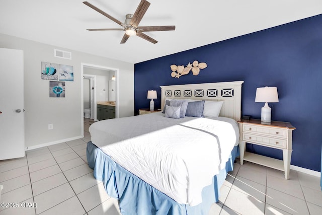 520 Richard Jackson Blvd Unit 3308, Panama City Beach, FL 32407 - tiled bedroom with ceiling fan, visible vents, baseboards, and connected bathroom